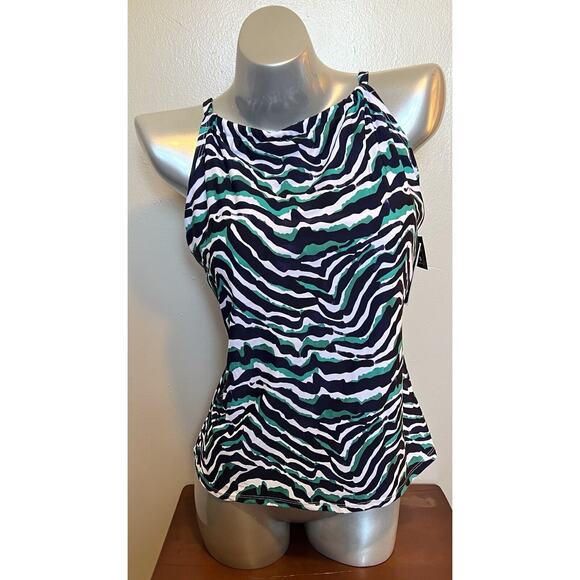 Island Escape Tankini Swimsuit Top Size 10 Green White Black Zebra Underwire NEW - Picture 2 of 9